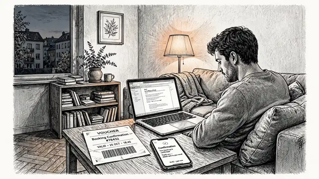 Gemütliches Wohnzimmer in Deutschland mit Laptop und CashtoCode-Zahlungsbeleg auf dem Tisch.