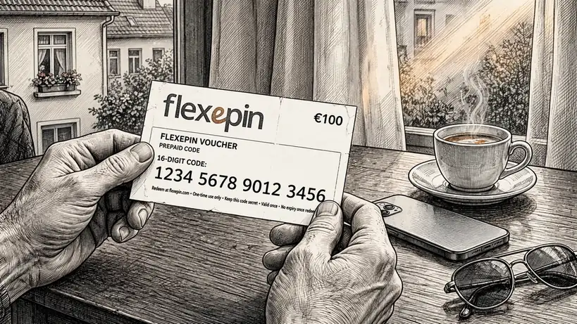 Hände halten einen Flexepin-Gutschein neben einem Smartphone auf einem Tisch.