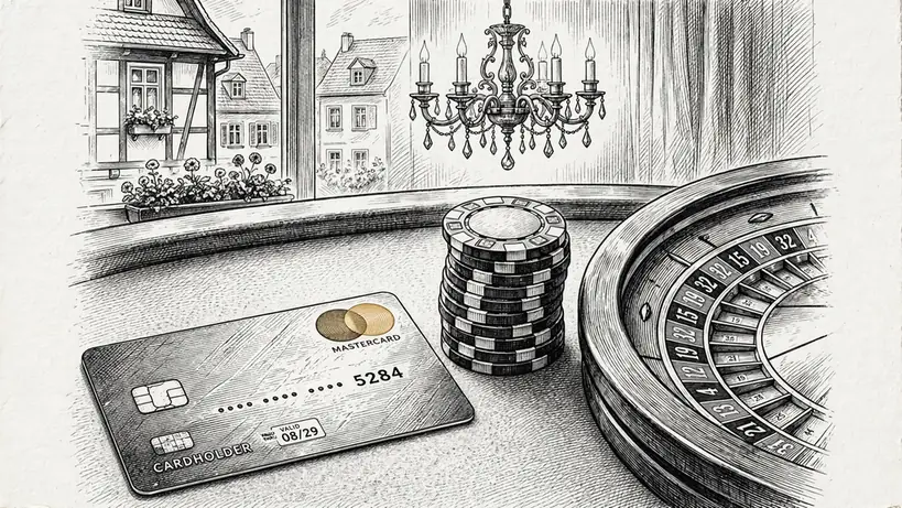 Mastercard auf Casino-Tisch mit Pokerchips und Roulette
