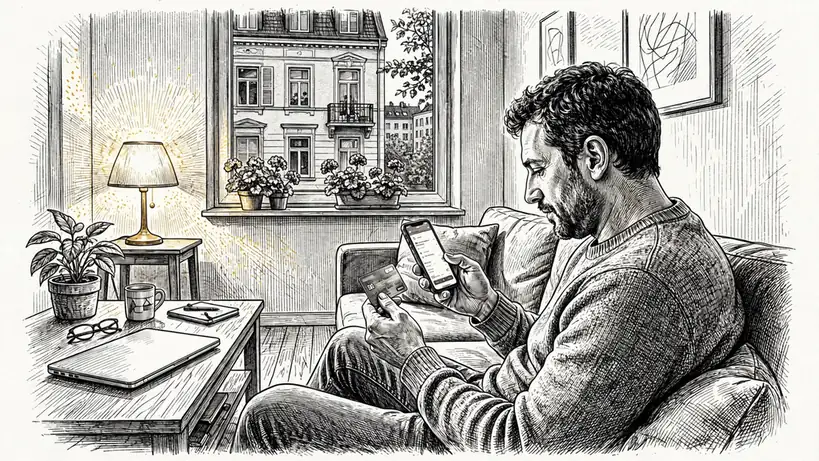 Person auf dem Sofa mit Smartphone und Bankkarte beim Online-Zahlen