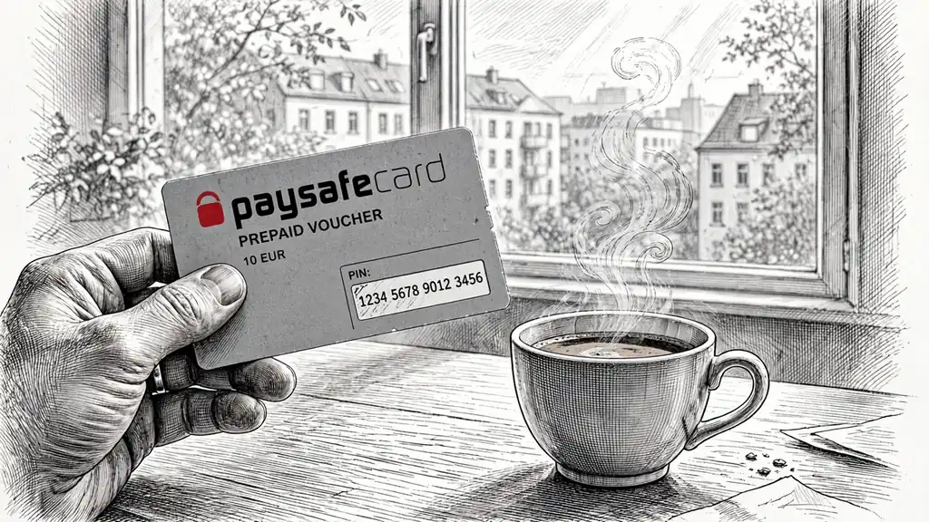 Hand mit Prepaid-Gutschein und Kaffeetasse in Berliner Wohnung