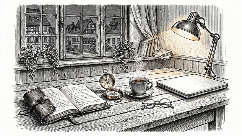 Ledergebundenes Journal mit Kompass und Tee auf einem Holztisch bei warmem Lampenlicht.