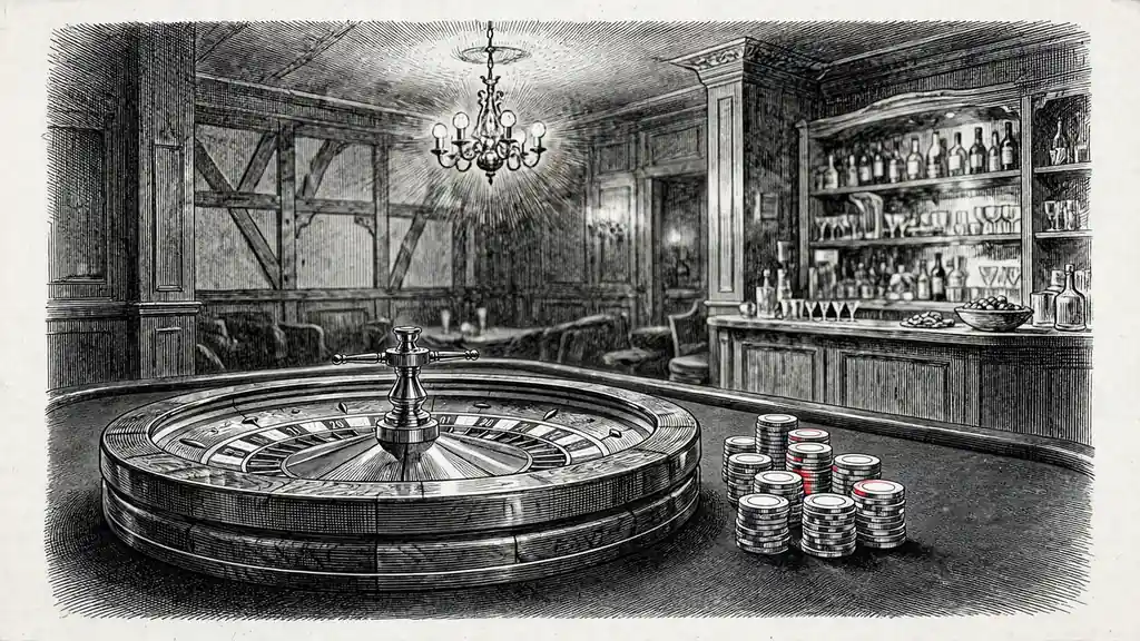 Roulette-Tisch mit Chips in deutschem Casino-Lounge bei warmem Abendlicht.