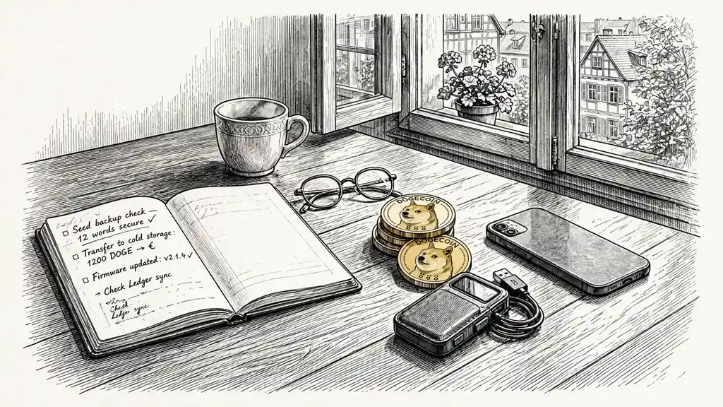 Dogecoin-Münzen, Hardware-Wallet und Smartphone auf einem Holztisch