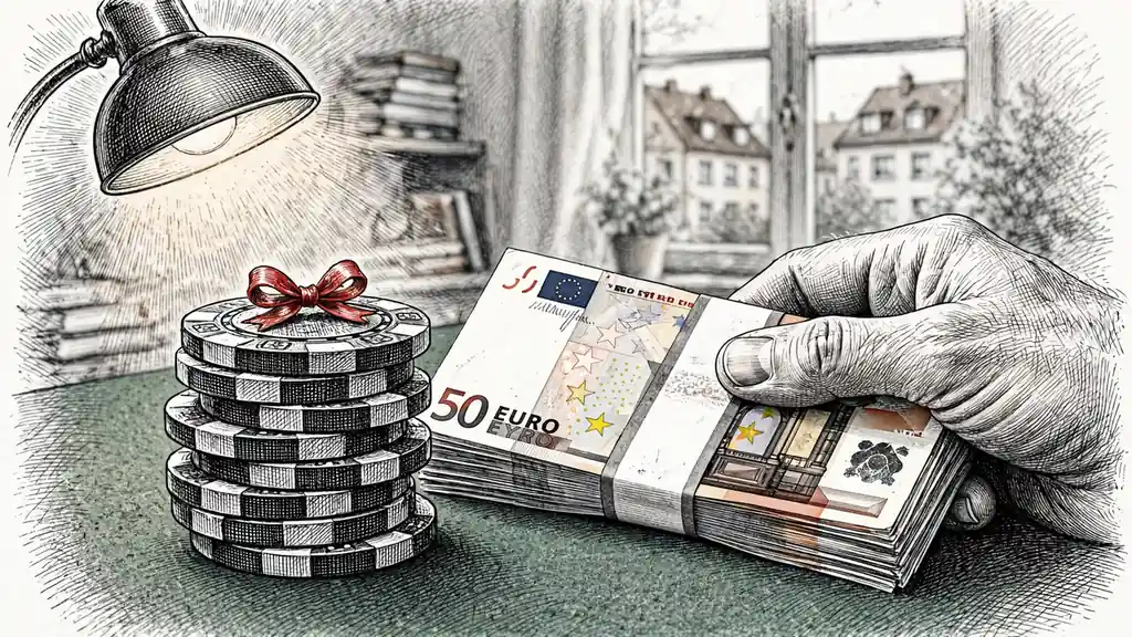 Goldene Casino-Chips und Euro-Geldscheine mit roter Geschenkschleife auf einem Filztisch.