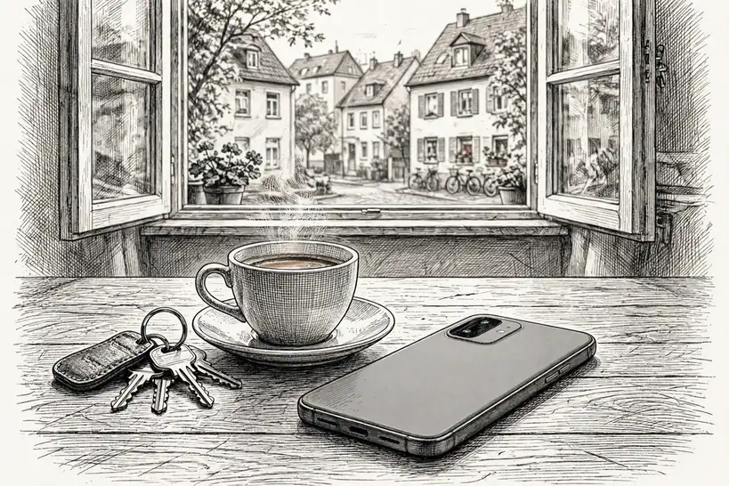 Smartphone mit Display nach unten auf einem Tisch in einer deutschen Wohnung