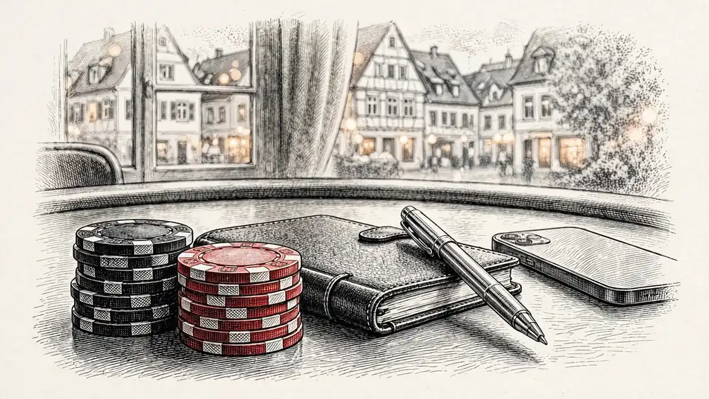Casino-Tisch mit Chips und zugeklapptem Smartphone