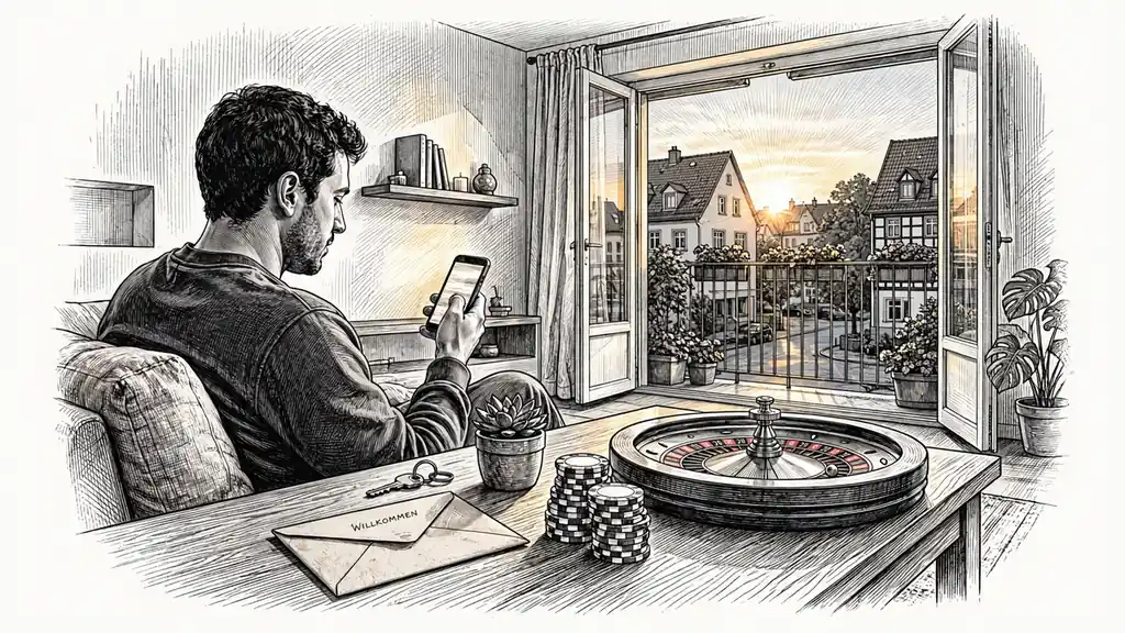 Person mit Smartphone, Casino-Chips und Roulette im Wohnzimmer