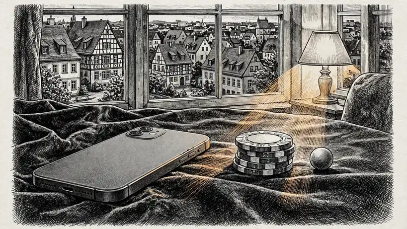 Smartphone mit Chipstapel und Roulettekugel auf Samt, deutsche Stadt im Hintergrund