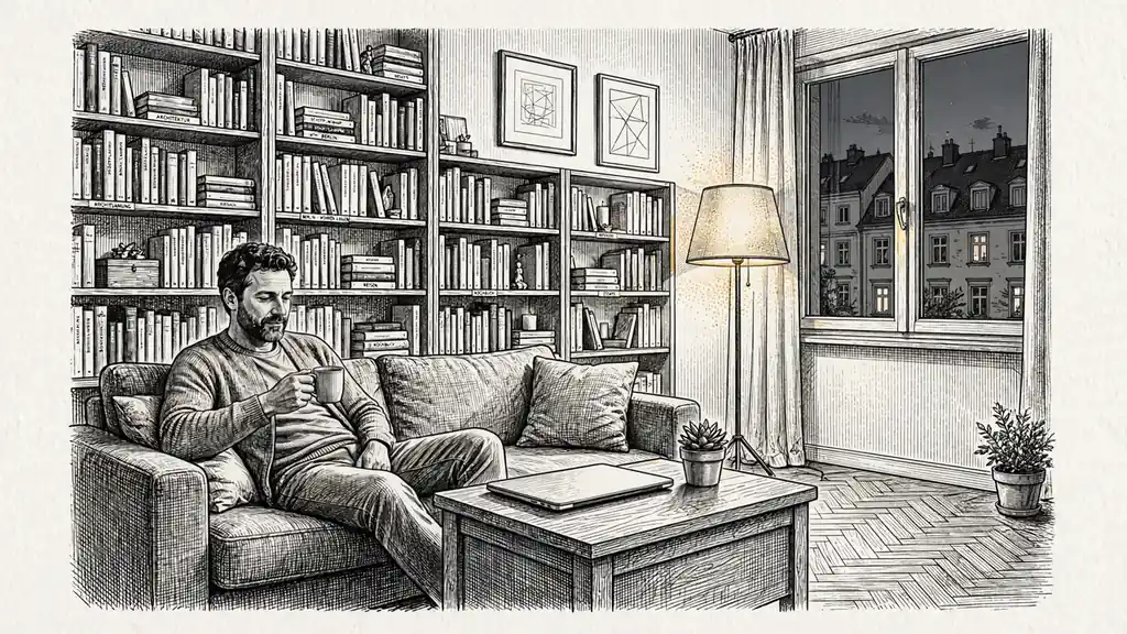Gemütliches deutsches Wohnzimmer am Abend mit Person auf dem Sofa
