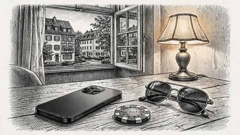 Smartphone auf dem Tisch mit Casino-Chip und Sonnenbrille.