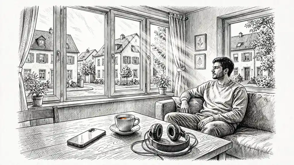 Modernes Smartphone auf einem Tisch in einer hellen deutschen Wohnung, Mann entspannt auf dem Sofa.
