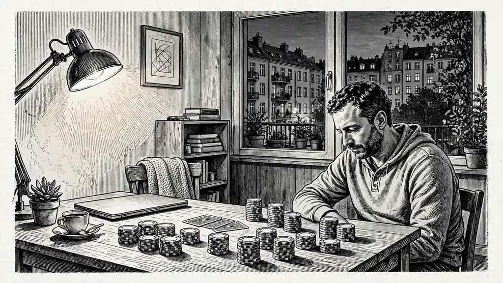 Mann abends in Berlin am Tisch mit Pokerchips vor geschlossenem Laptop